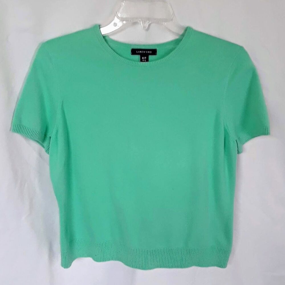 LANDS' END Green Top Pullover Sweater Shell Short Sleeve Stretch Knit Scoop M P